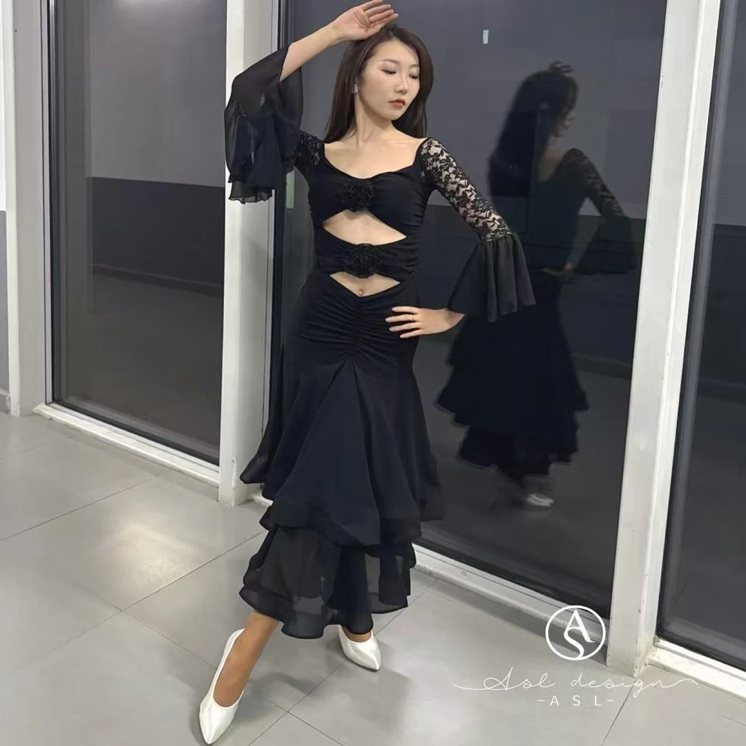 

National Standard Ballroom Dance Dress Women Black Lace Long Sleeves Dress Competition Clothing Waltz Dance Practice Wear 14301