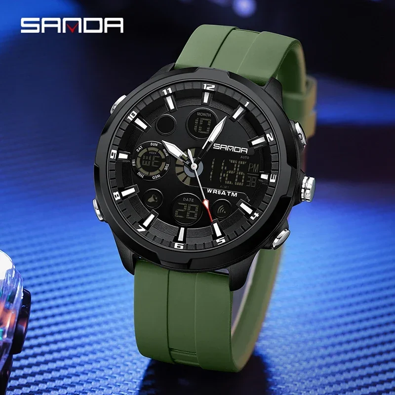 SANDA 9053 Military Quartz Watch For Male Double Display Digital Wristwatch Clock  Brand Style Men Watches 50M Waterproof Sports