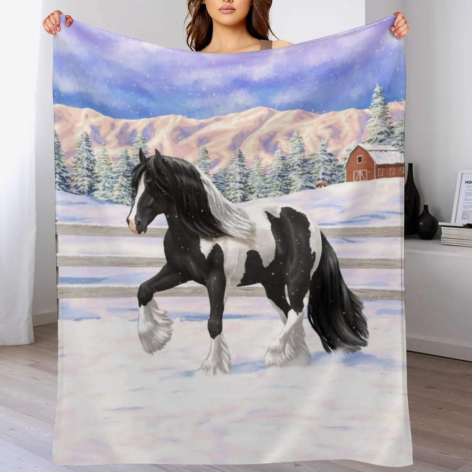 

Black Pinto Piebald Gypsy Vanner Draft Horse In Snow Throw Blanket Sofa Quilt Plaid on the sofa Sofas Retros Blankets