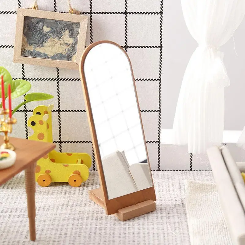 1/12 Dollhouse Cherry Wood Wooden Full-length Mirror Model Dollhouse Furniture Ornament Doll House Micro Scene Decor