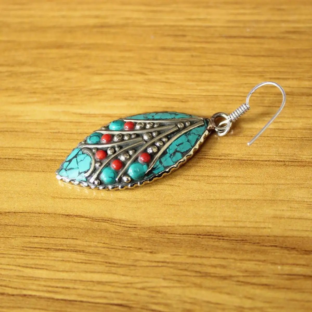 ER205 Ethnic Tibetan Silver Turquoises Stone Leaf Dangle Earring