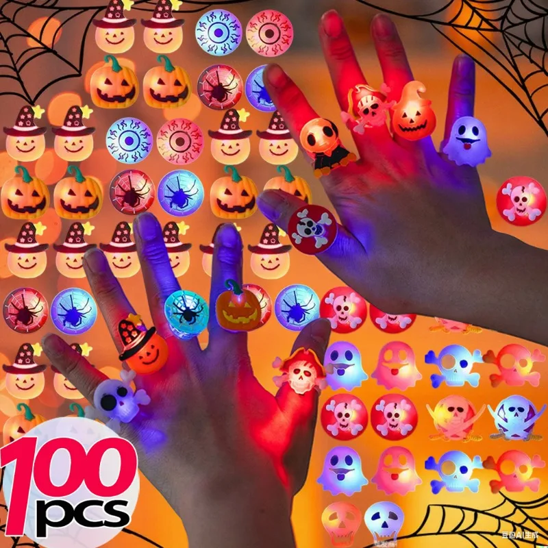 10/100Pcs Luminous Halloween Rings for Kids Halloween Gift Glow in The Dark Finger Rings Toys LED Lights Jewelry Party Gifts