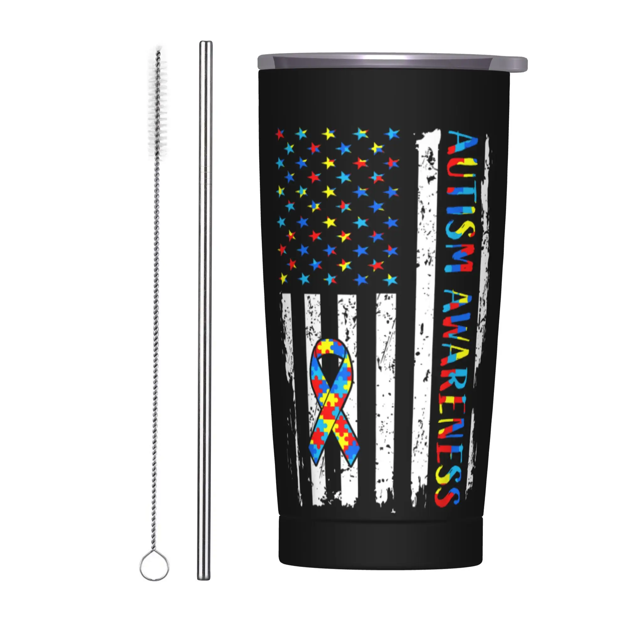 Stainless Steel Tumbler Autism Awareness USA Flag Autistic Coffee Mug  Insulated Hot Drinks Car Mugs Camping Water Bottle