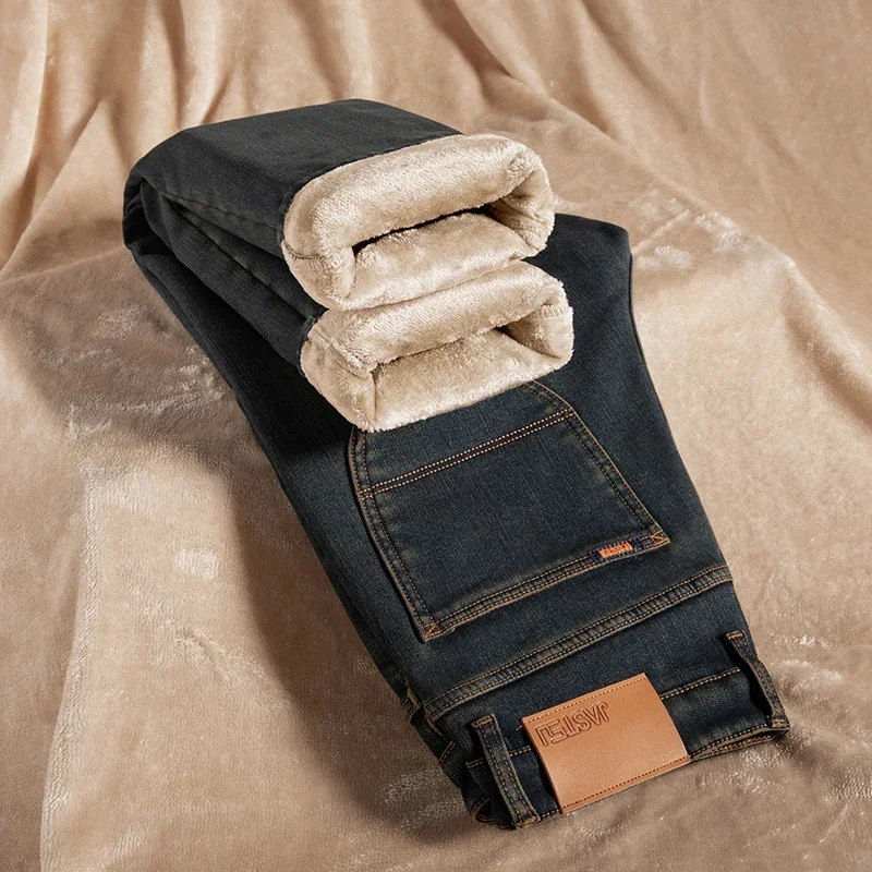 High Quality Winter Fleece Lined Thermal Warm Men's Jeans Straight Outdoors Denim Pants Flocking Work Casual Flannel Trousers 40