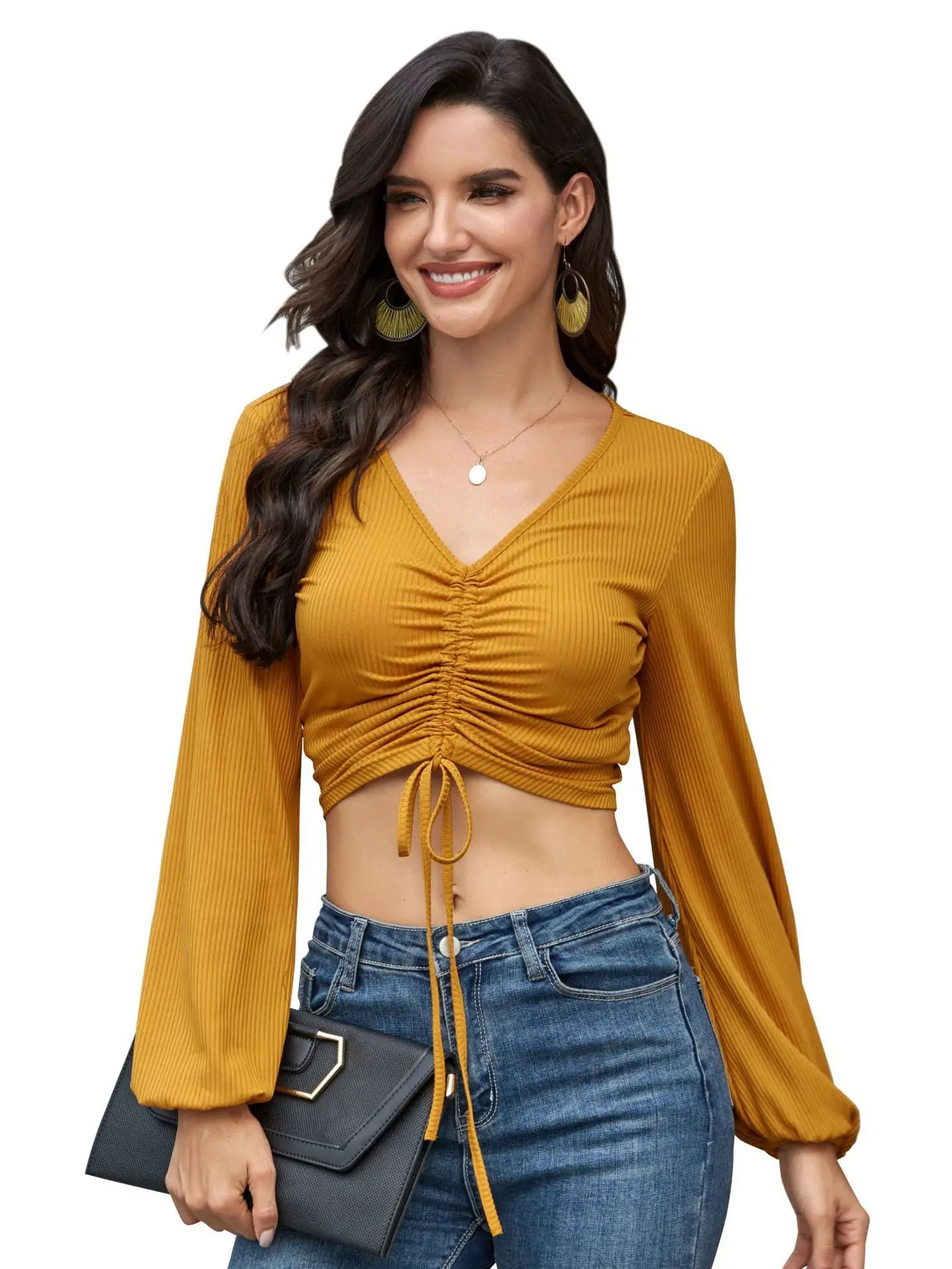 Top de Manga Longa com Decote em V e Cordão Estilo Casual F Design de Cintura Média com Barriga Exposta Moda de Outono