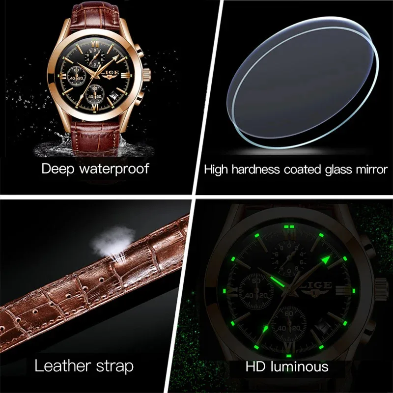 LIGE New Fashion Men\'s Watches Top Brand Luxury Casual Military Leather Quartz Man Watch Business Waterproof Sports Chronograph