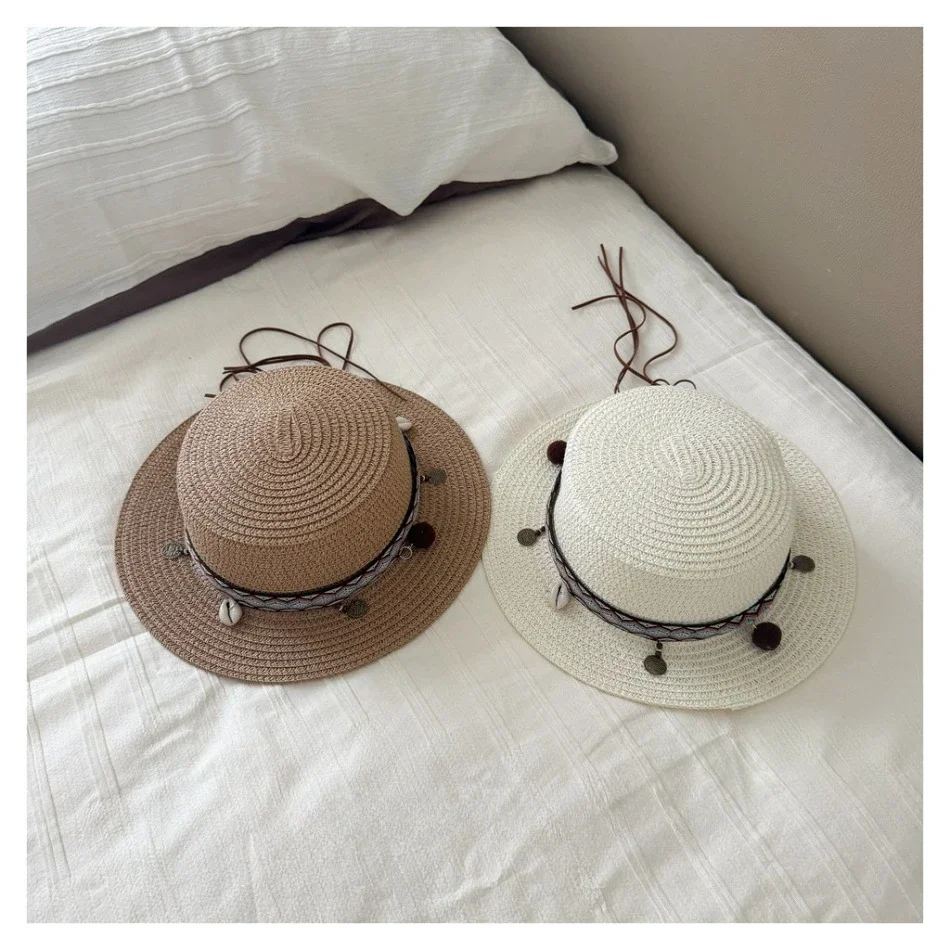 

Kids Bohemian Straw Sun Hat with Shell Coin Decor Breathable Wide Brim Hat for Toddler Girls Summer Beach Vacation Headwear BT14