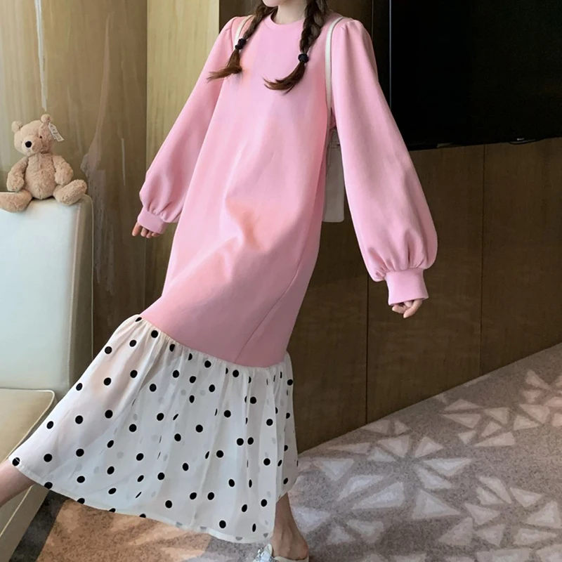 

2024 Spring Pink Polka Dot Splicing Hoodie Dress Design Wave Point Splicing Wei Dress Loose Cover Belly Show Thin Dress