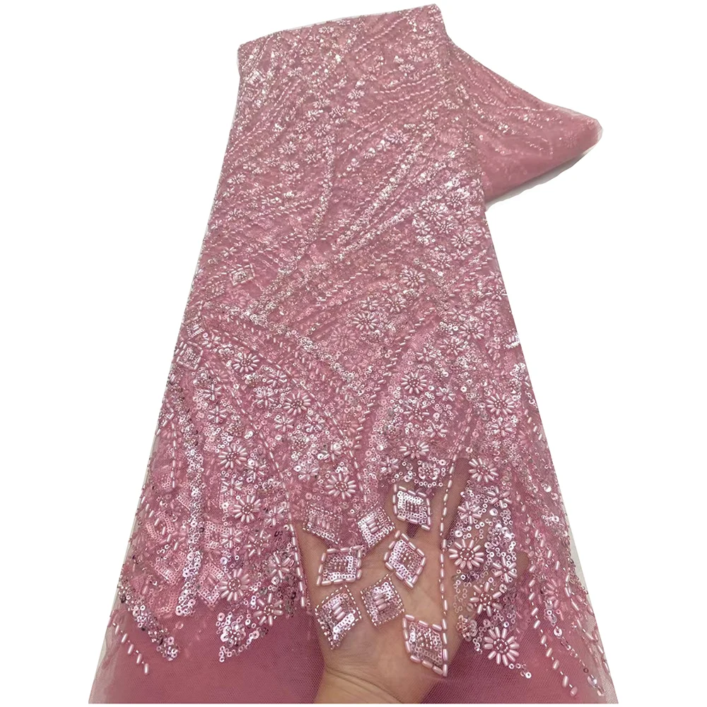 Новейшая роскошная кружевная ткань с вышивкой бисером и камнями, 5 ярдов, элегантное африканское кружево с бусинами для шитья свадебного платья 2025