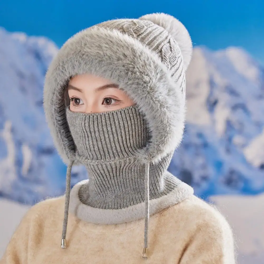Snowboarding Headwear Women’s Knitting Hat with Plush Ball Windproof Insulated Winter Cap 3-in-1 Thickened Face for Weather