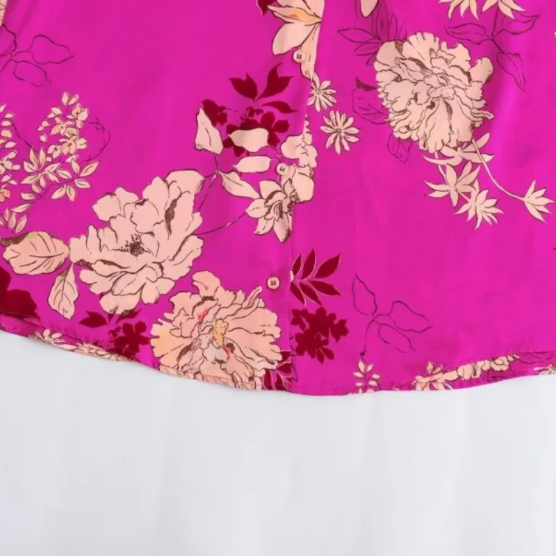 Damen Sommer Frühling Blumendruck Satin Bluse Fliege Hals Elegantes Hemd Mode Büro Dame Top