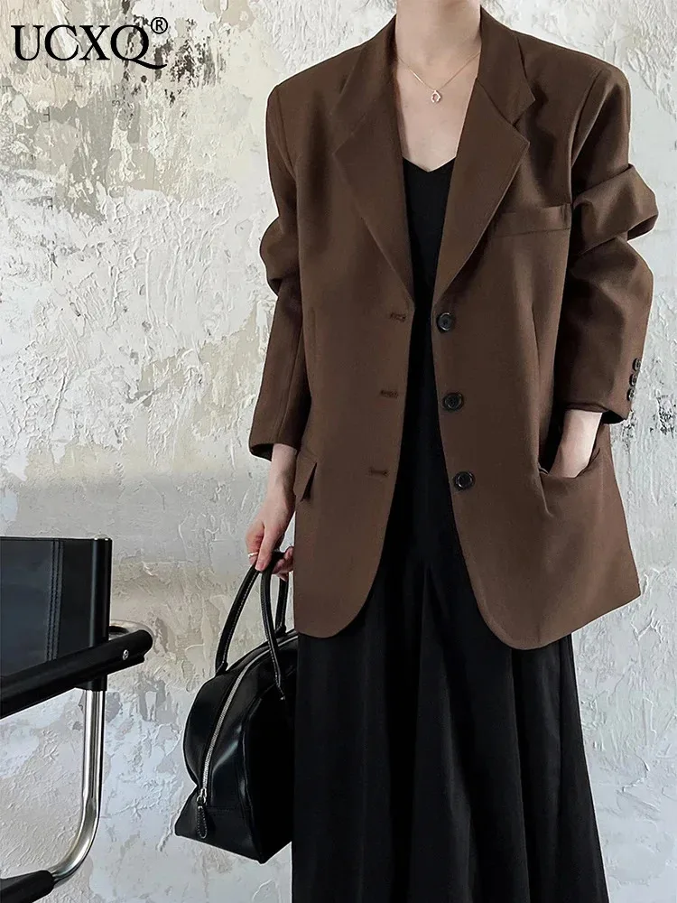 UCXQ-Blazer Vintage de Style Coréen pour Femme, Manteau à Simple Boutonnage Assressentià Tout, Veste Décontractée, Printemps et Automne 2024, 23C1166