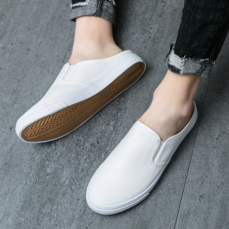 Canvas Half Shoes For Men Mules Sandals Slip On Flats Summer Loafers Slippers Man Slides Backless Mens Casual Driving Shoes 2024