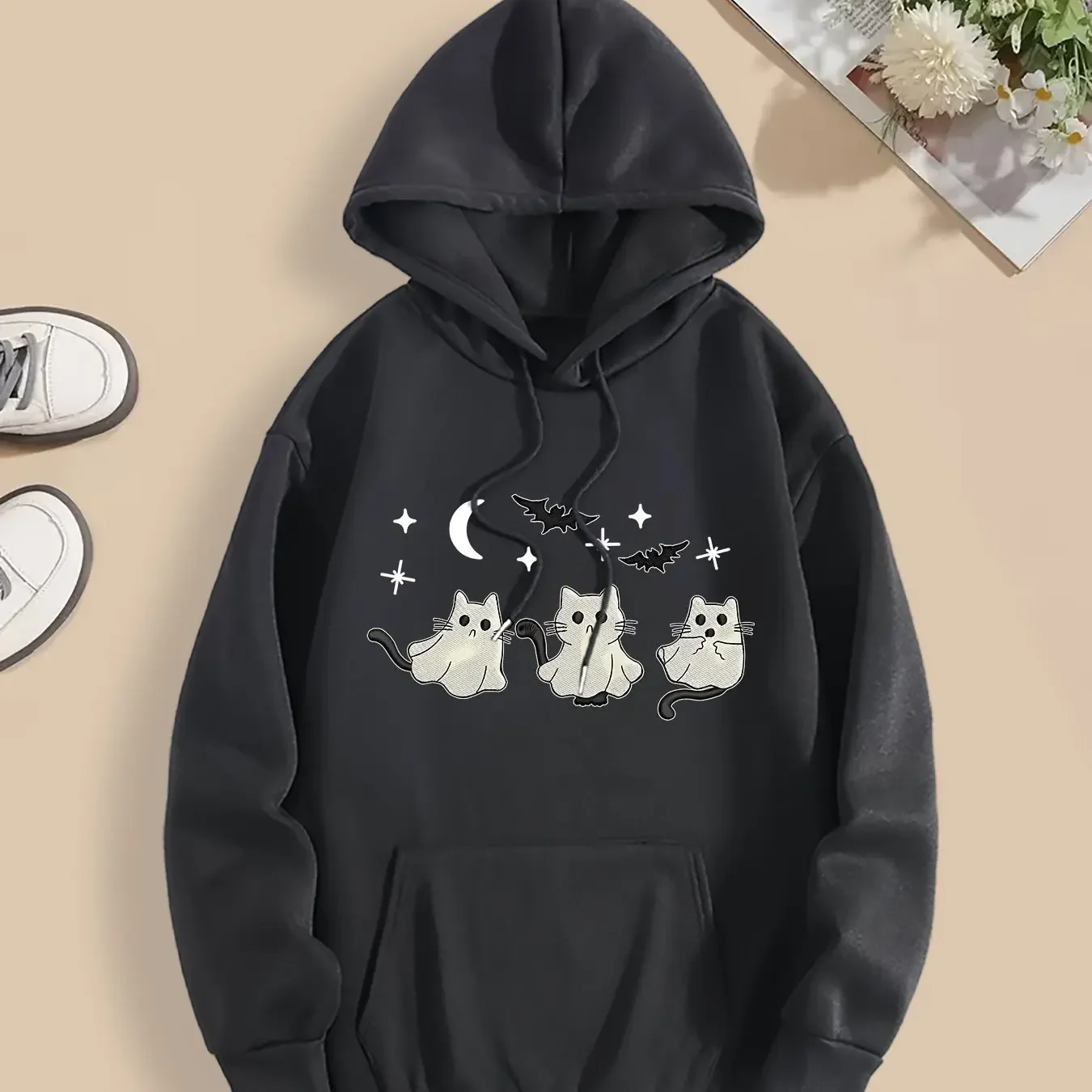 lus Size - Plus Size - Halloween Ghost Kitten Bat Hoodie Personalized Embossed Hoodie Casual Oversized Pullover