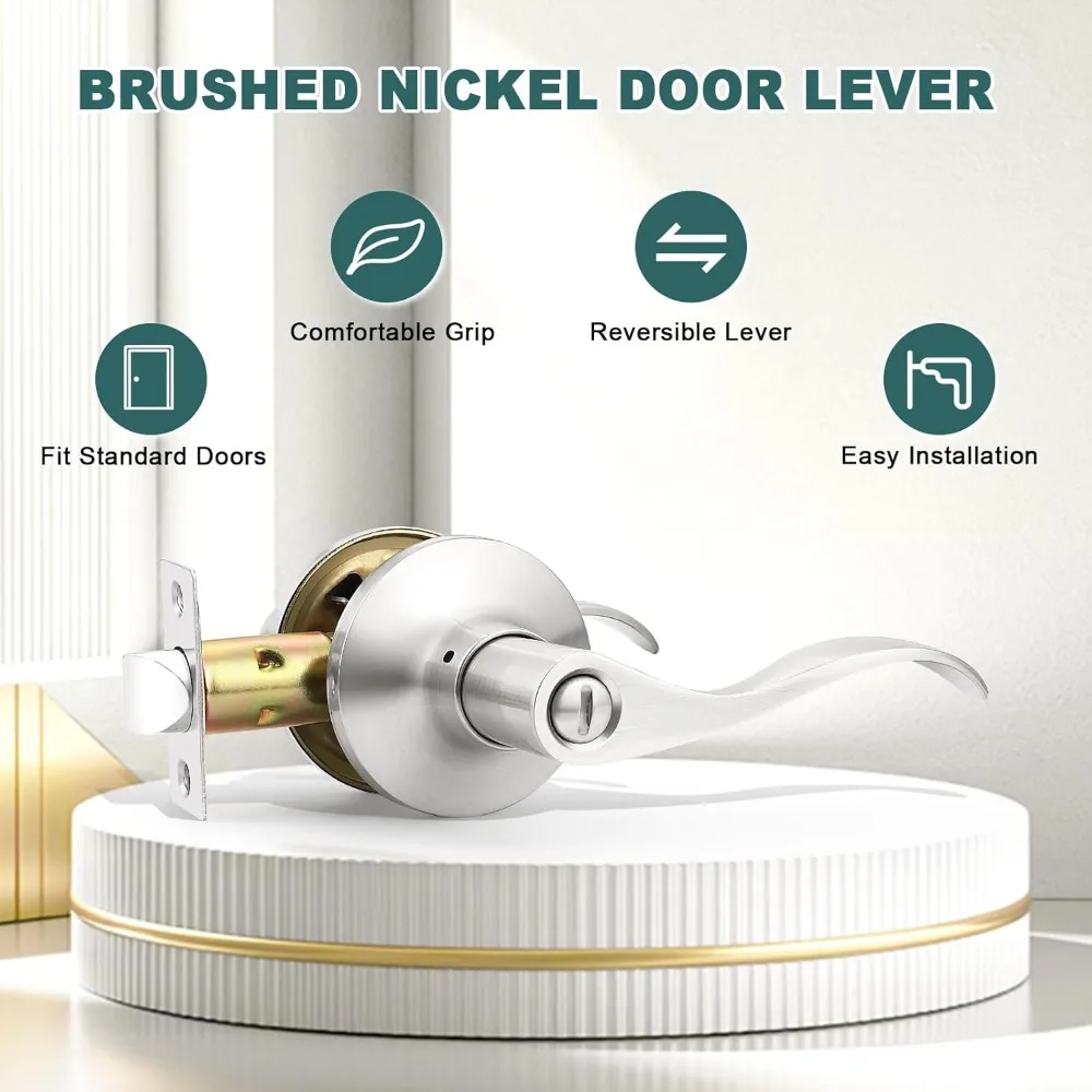 10 Pack Privacy Door Levers Satin Nickel Interior Bedroom Door Handle with Lock Keyless Wave Design for Bed Bath-NEW