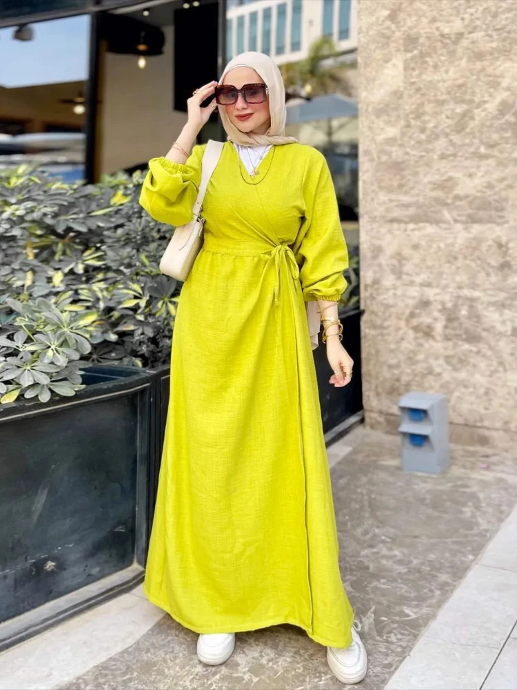 Ramadan Muslim Abayas for Women Eid Dress V Neck Cardigan Belt Kaftan Arab Islam Solid Abayas Casual Long Robe Morocco Jalabiya