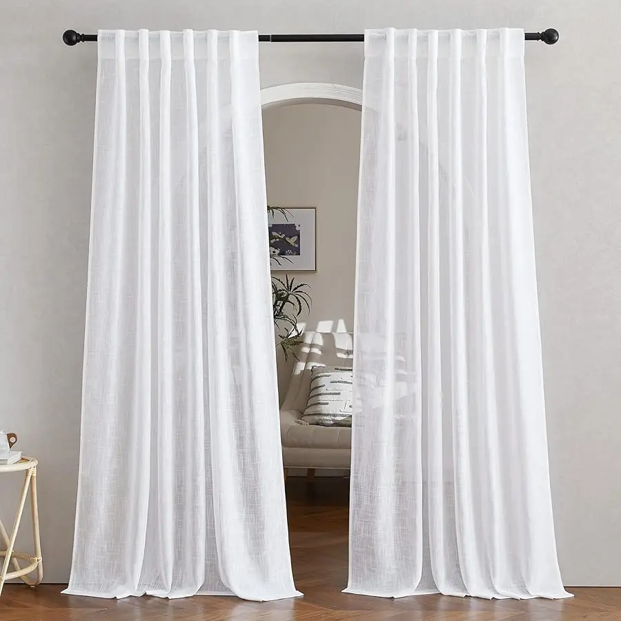

White Linen Sheer Curtains and Drapes 84 inches Long, Rod Pocket & Back Tab semitransparent with Light Through ertical Window T