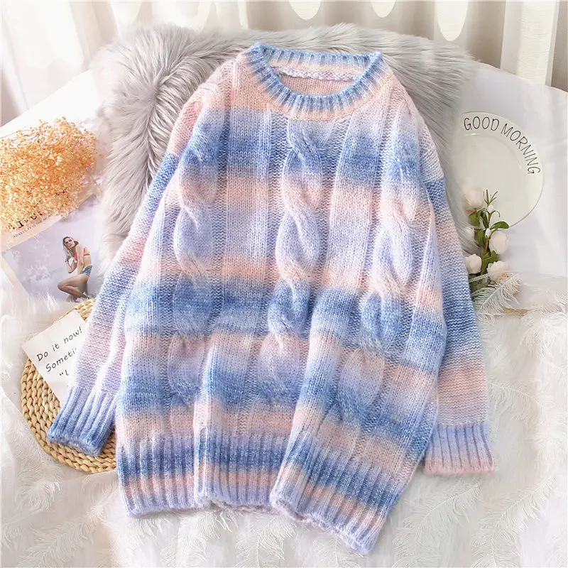 

Autumn Winter Korean Jumpers Candy Color Oversized Female Tops Women Rainbow Sweaters Tie Dye Pullover O-Neck Long Loose Striped