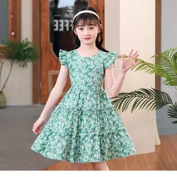 2023 teenager Summer baby Girls Flying Sleeve pink Dress floral Clothes lace Off Shoulder Pleated skirt 5 6 7 9 10 12 14 years