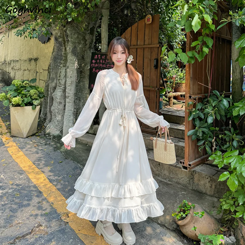 

Midi Dress Women Summer Streetwear Fairycore A-line Vestidos Gentle Girls Sweet Ruffles All-match Tender Temper Designed Chic