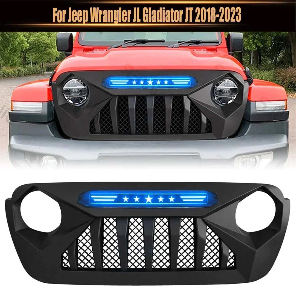 

For Jeep Wrangler JL Gladiator JT 2018-2023 Offroad Bumper Grille With Light LED Factory Front Grille Mesh Grill Racing Grills