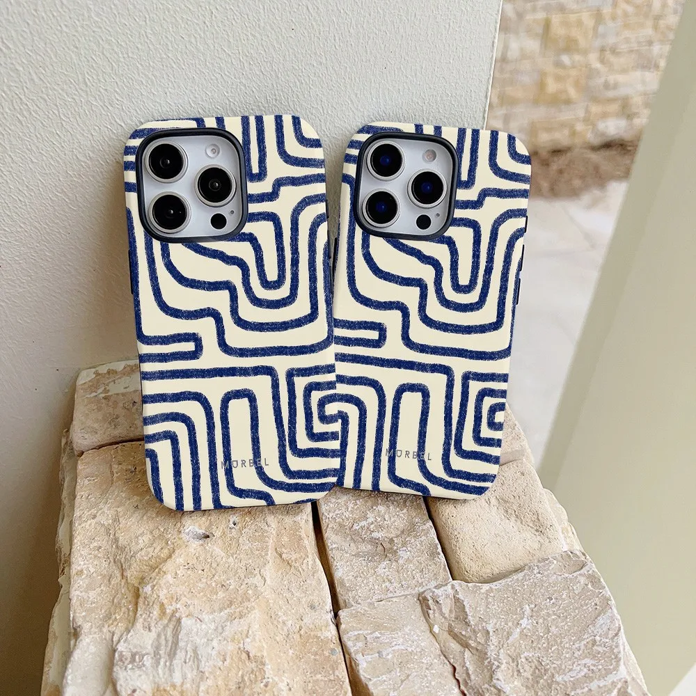 Blue White Maze Geometric Phone Case for Samsung Galaxy S22 S23 S24 S25 S26 FE Plus Ultra Edge 4G 5G Luxury Double-layer