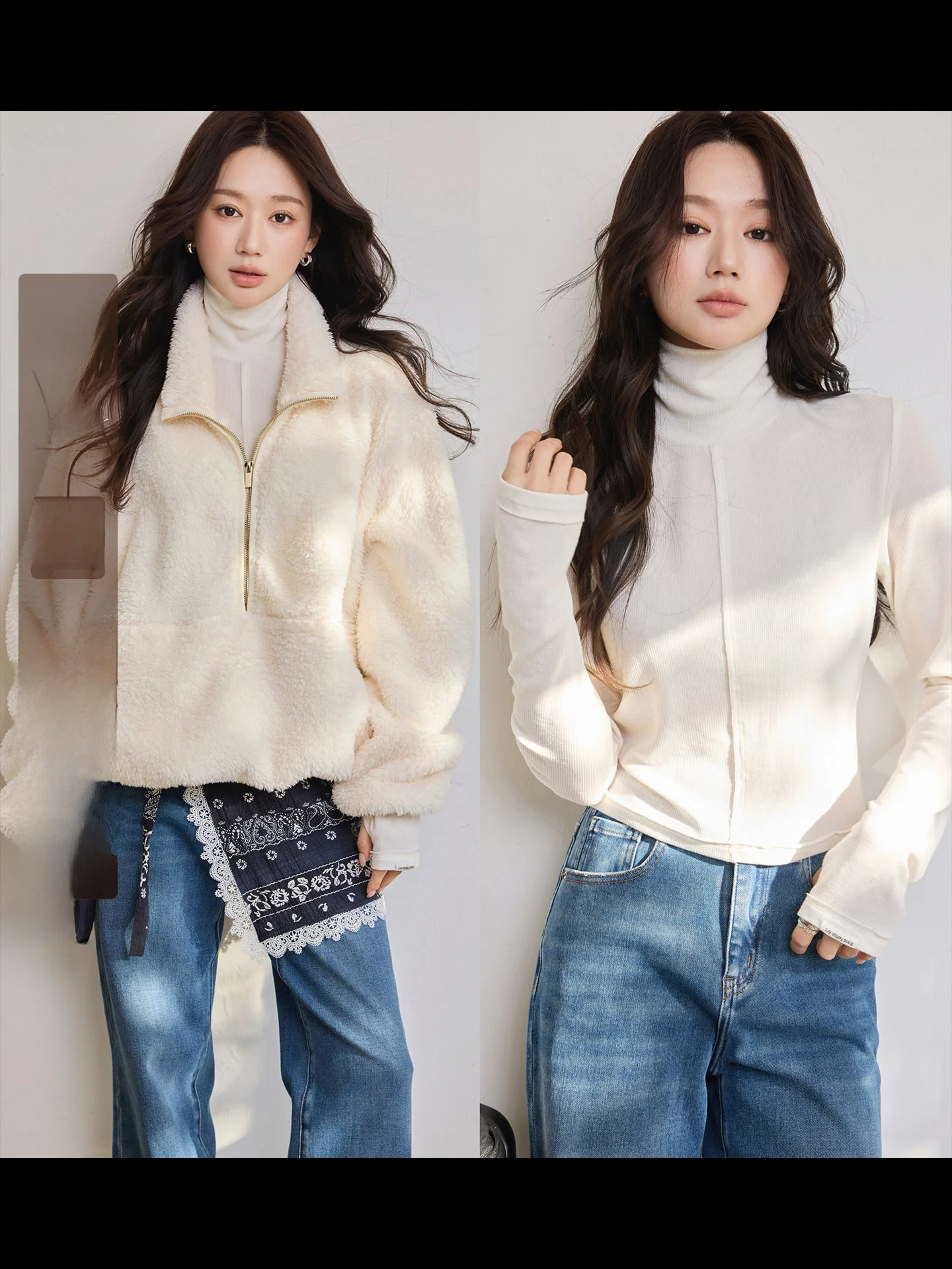 

Camelux Light Fog White Double-sided Particle Fce f Zip Hoodie High Ne Base Layer Sweater Women's Faion Set Casual ...