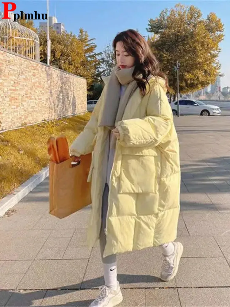 

Korean Loose Hooded Long Parka Jacket Winter Solid Thick Warm Cotton Padded Parca Chaqueta Elegant Chic Women Cold Jaqueta New