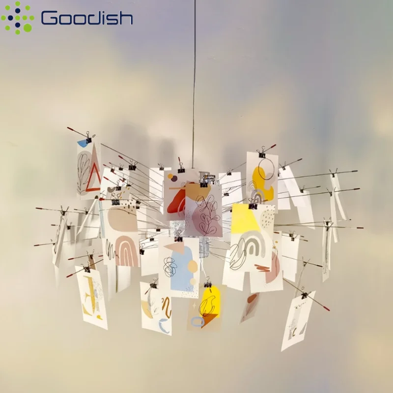 Arte elegante, tarjeta de álbum de fotos DIY, luces colgantes LED, lámparas creativas en forma de papel para sala de exposiciones, candelabro de decoración del hogar