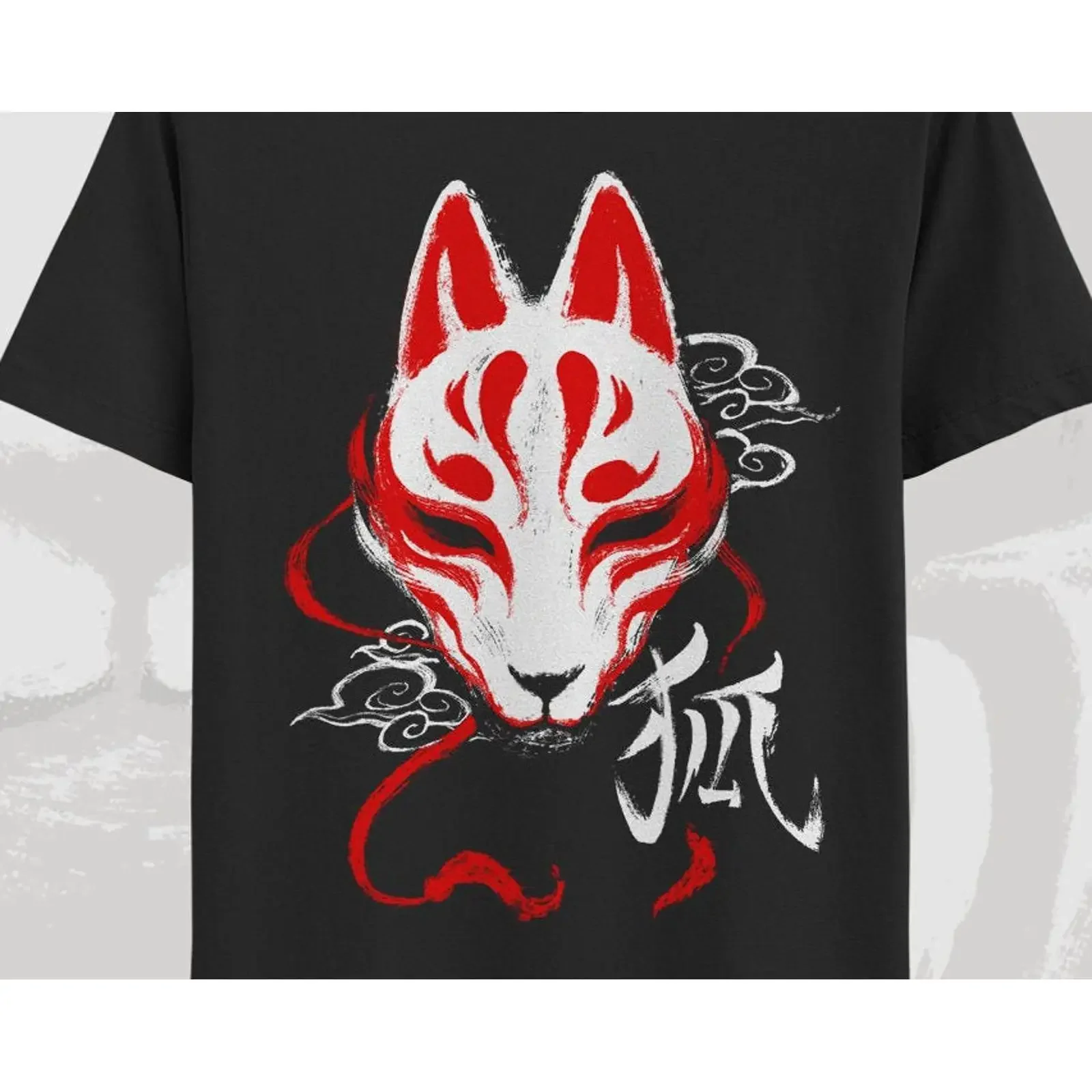 Kitsune mask T shirt japanese fox tee traditional tokyo yokai Harajuku style vintage Washed Slightly Casual fashion