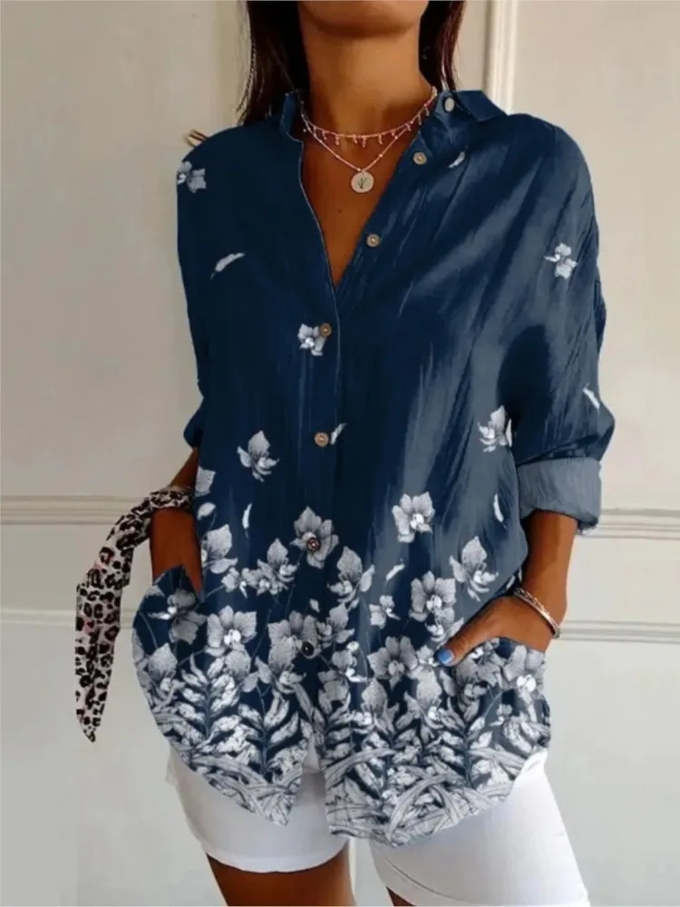 

Casual Floral Print Shirt For Women Fashion Long Sleeve V Neck Button Shirts Tops Female Boho Holiday Vintage Womens Clothing