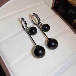 Vintage Fashion Black Simulated Pearl Ball Pendants Dangle Earrings for Women Charm Long Drops Party Jewelry pendientes mujer