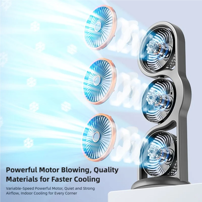 TINSOL New Portable USB Rechargeable Three-Head Fan – 360° Circulation, 5-Speed Wind, Dormitory and Outdoor Desktop Fan