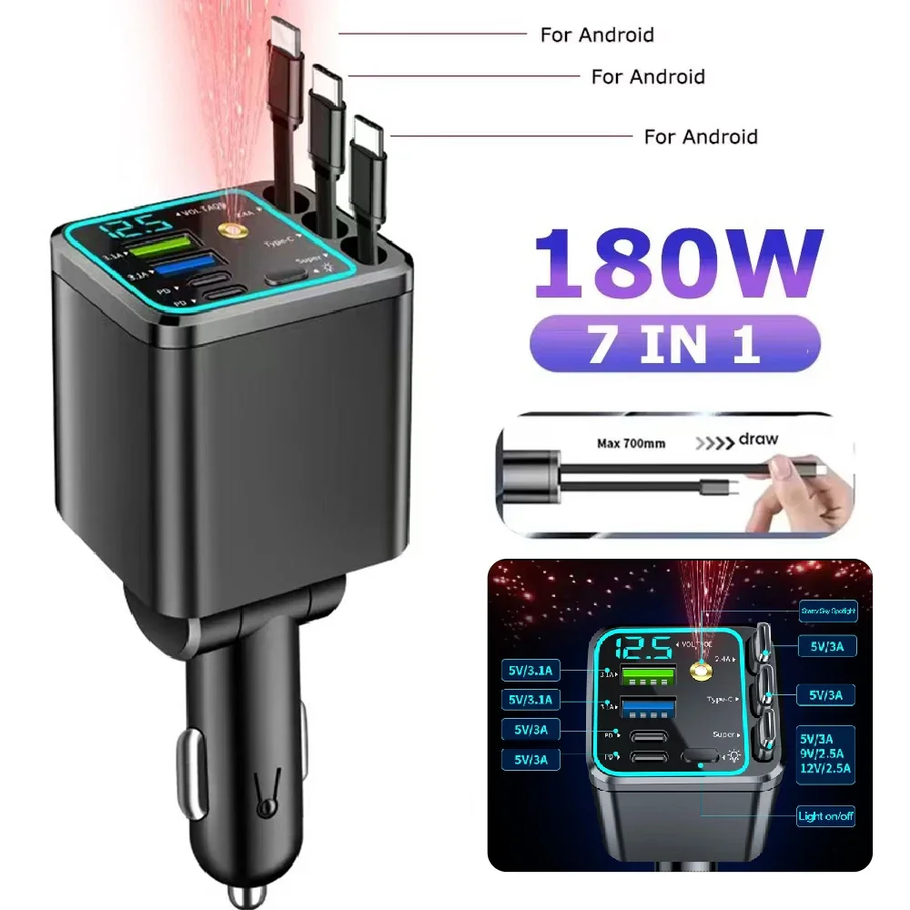 Cargador de coche 7 en 1 de 180W con adaptador USB tipo C PD de carga rápida y cable retráctil para Huawei, Samsung y adaptador universal.