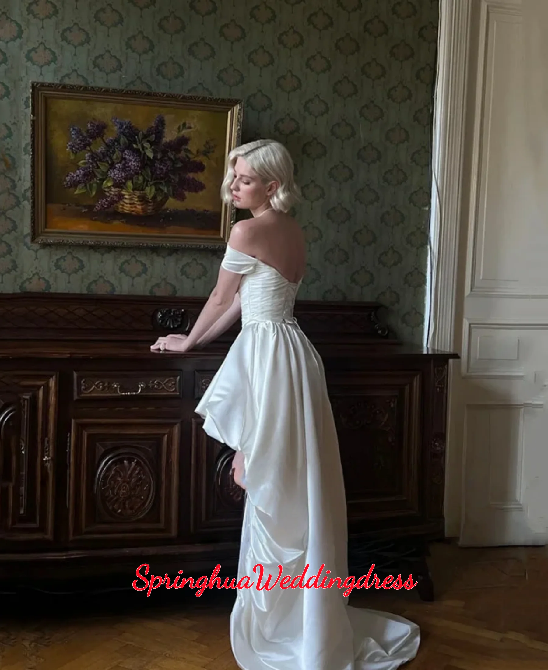 

Customized Vintage High/Low Satin Wedding Dresses Simple Off the Shoulder Sleeveless Beach Strapless Bridal Gown Sexy Backless