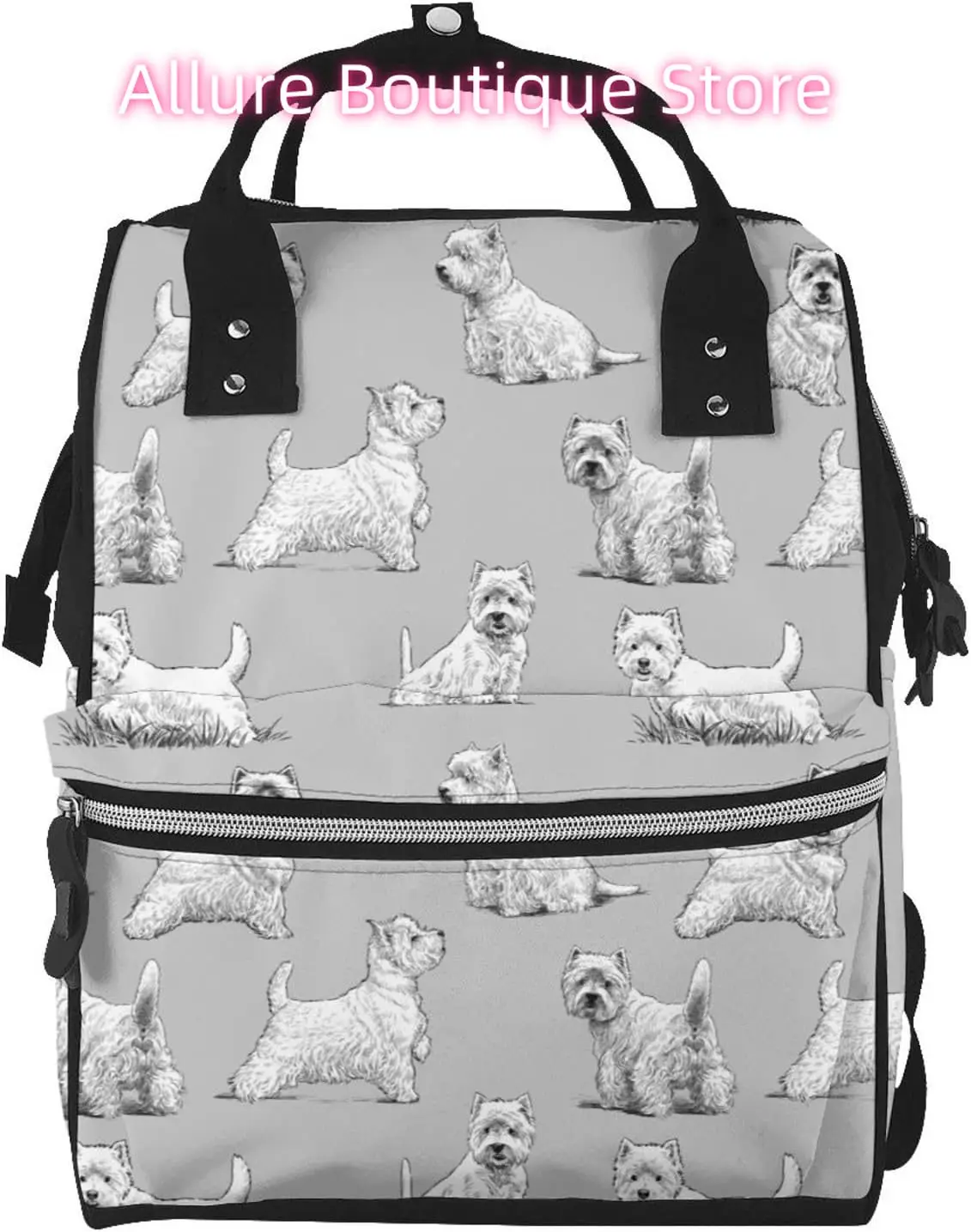 

White Scottish Terrier Dog Diaper Bag Backpack for Women Large Capacity Nappy Bag Multifunction Waterproof Mummy Backpacks for M