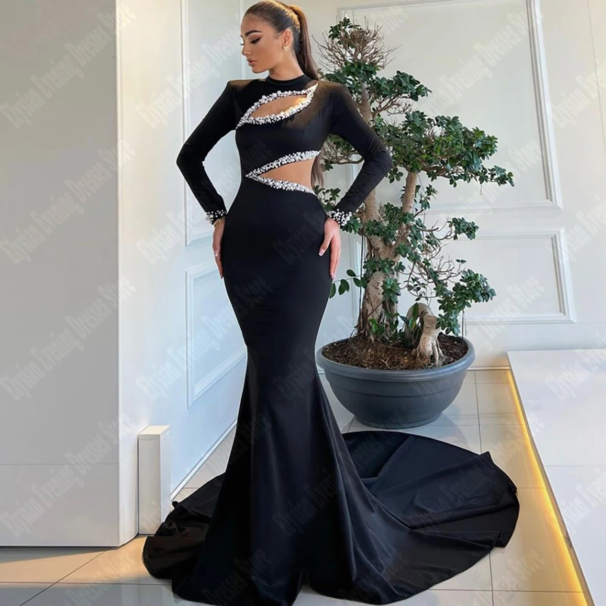 

Luxury Customization Evening Dresses Sexy Hollow Design Princess Prom Gowns Long Sleevees Slim Fit High-Necked Vestidos De Noche