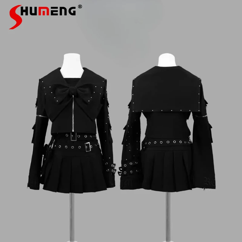 

Subculture Gothic Dark Black Top Skirt Set Japanese Harajuku Girl's Sweet Cool Fashion Punk Navy Collar Top and Skirt Outfits