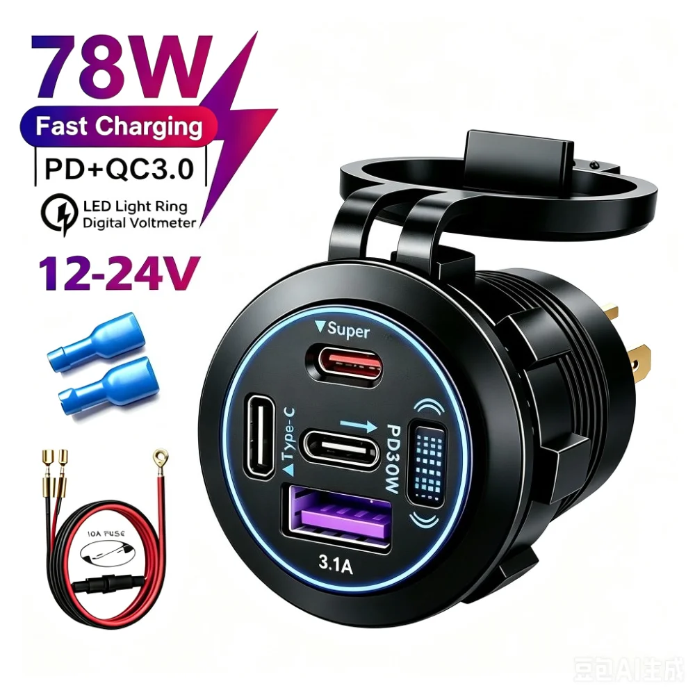 4-poorts autolader stopcontact PD30W QC3.0 snelle USB-C oplaadpoort, 12V-24V universeel voor motorfiets, camper, vrachtwagen, boot