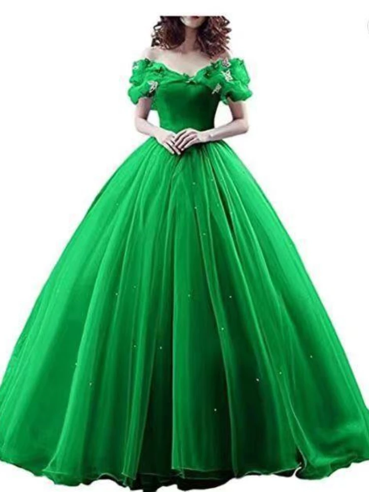 Customized Temperament Slash Neck Exquisite Bow Appliques Ball Gown Simple Solidhigh Waist Big Swing Princess Robe Strap Design