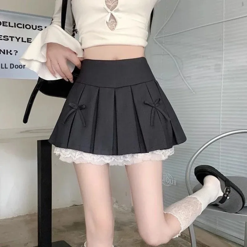 Black Lace Trim  Knot Half Skirt Women's Spring Autumn New High Waist Gauze Short Skirt Slimming Korean Style