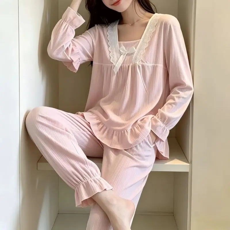 Women's Pajama Set Long Sleeve Full Length Pants 2 Piece Sleepwear Pyjamas Lace Trim Bow Ruffled Cozy Soft Loungewear Nightwear