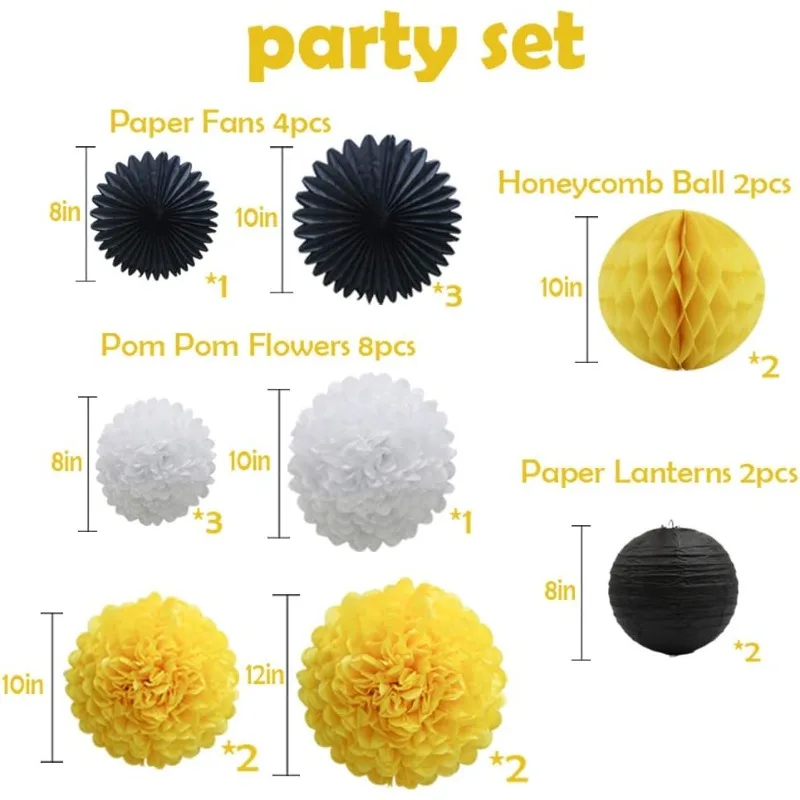 Yellow White Black Party Decorations 16pcs Paper Pom Poms Honeycomb Balls Lanterns Tissue Fans for Bee Day Party Batman Birthday