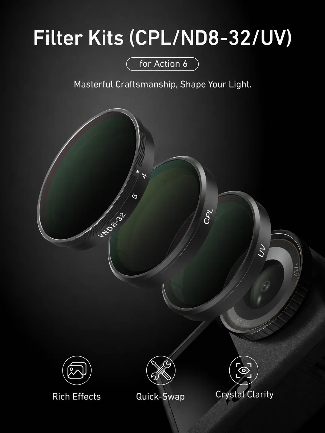 TELESIN CPL ND8 ND16 ND32 UV VND Quick Release Lens Filter for DJI OSMO Action 6 Filter Frame For DJI Action6 Camera Accessories