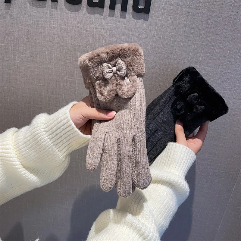 手袋-レディース-ウール裏地付き-タッチスクリーン-冬用-サイクリング-暖かい-蝶ネクタイ-アウトドア-フリーサイズ