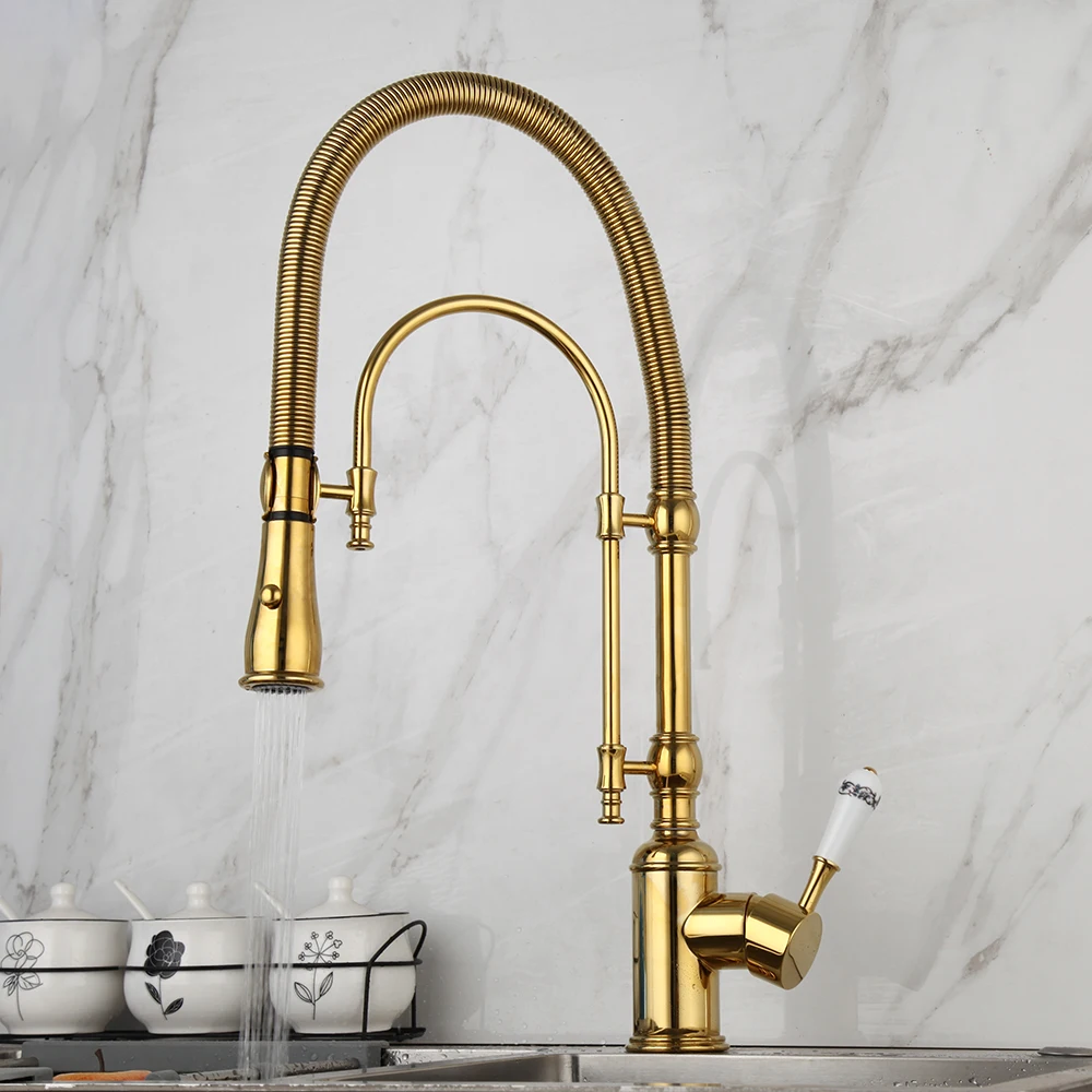 Golden Plated Kitchen Faucet Swivel Vessel Sink Faucet W/ Pull Down 2 Ways Spring Spray Nickel Brushed Washbasin Mixer Tap