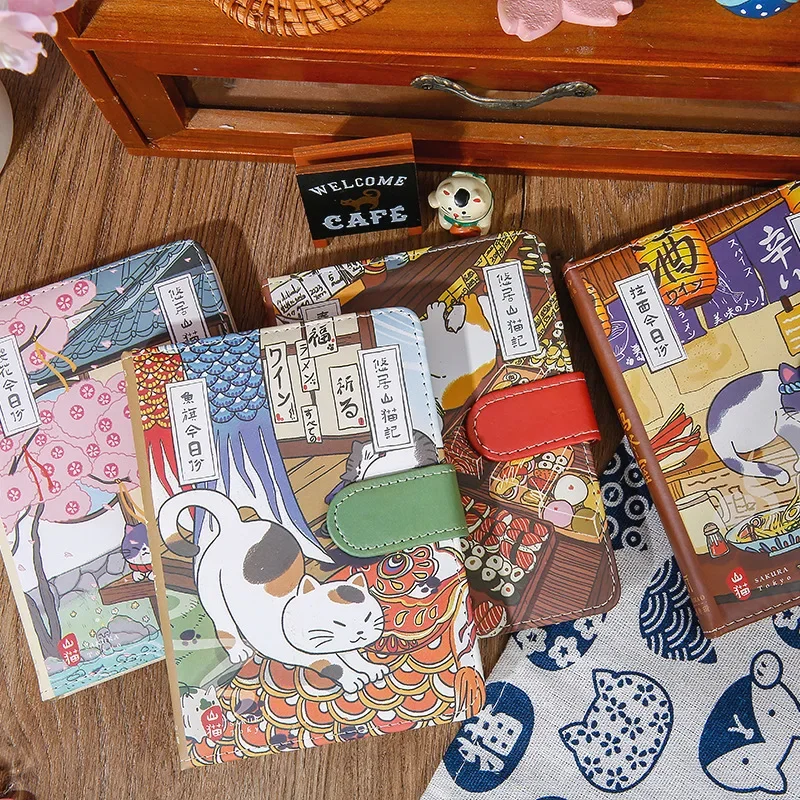 

Kawaii Cartoon Cat PU Magnetic Buckle Notebook A6 Paper Japanese Art Style Cat Ledger Diary Agenda Planner Notepads Stationery
