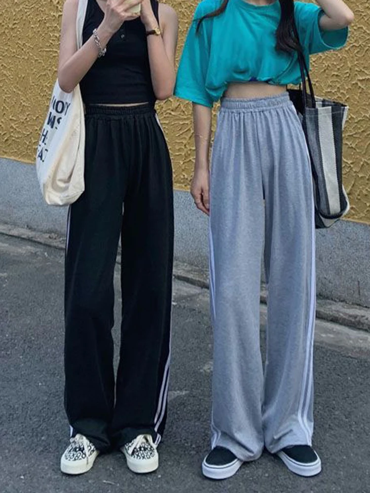 

Zoki Black Striped Sweatpants Women Fashion Korean Baggy Pants Joggers Casual High Waist Trousers Spring Female Wide Leg Pants