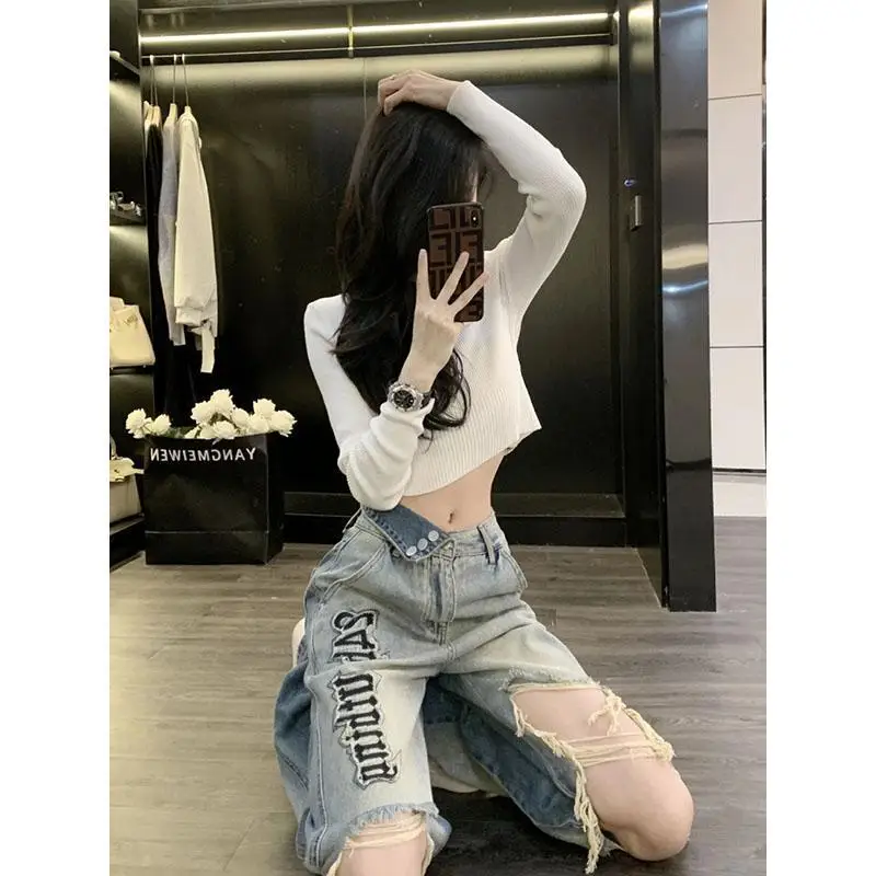 Ripped Jeans for Women 2024 New Letter Fashion High Street Summer Full Wide Leg Pants Euro-America Style