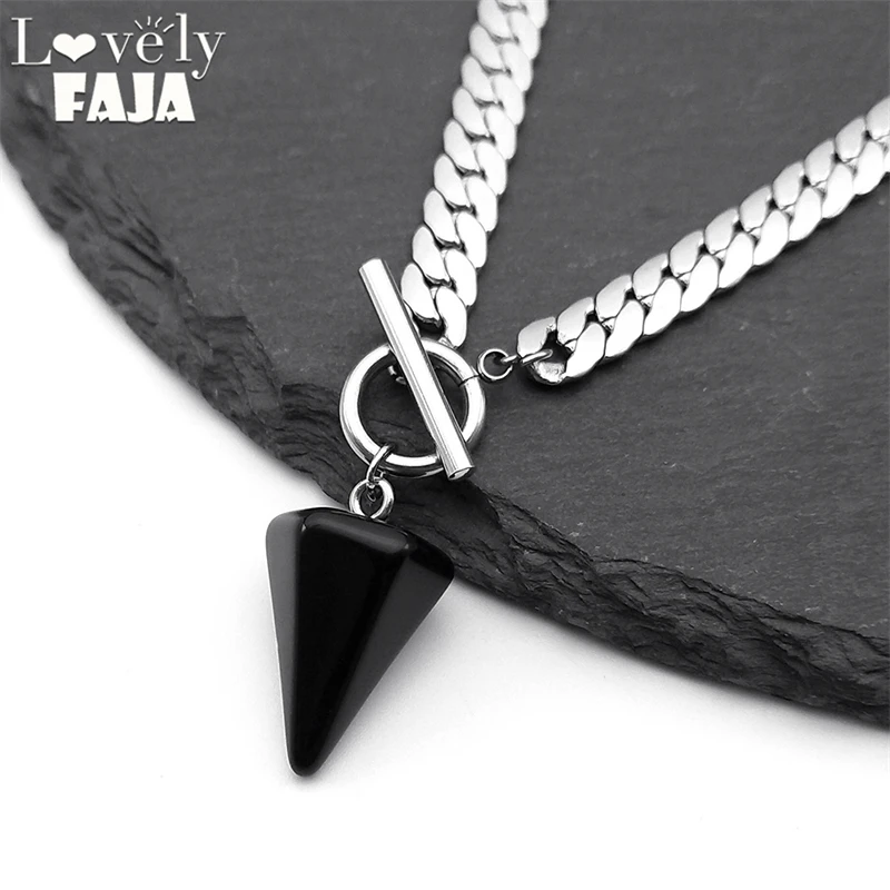 Goth Obsidian Reiki Healing Pendulum for Divination Necklace Women Stainless Steel Chain Cone Pendant Necklaces Jewelry NXS03